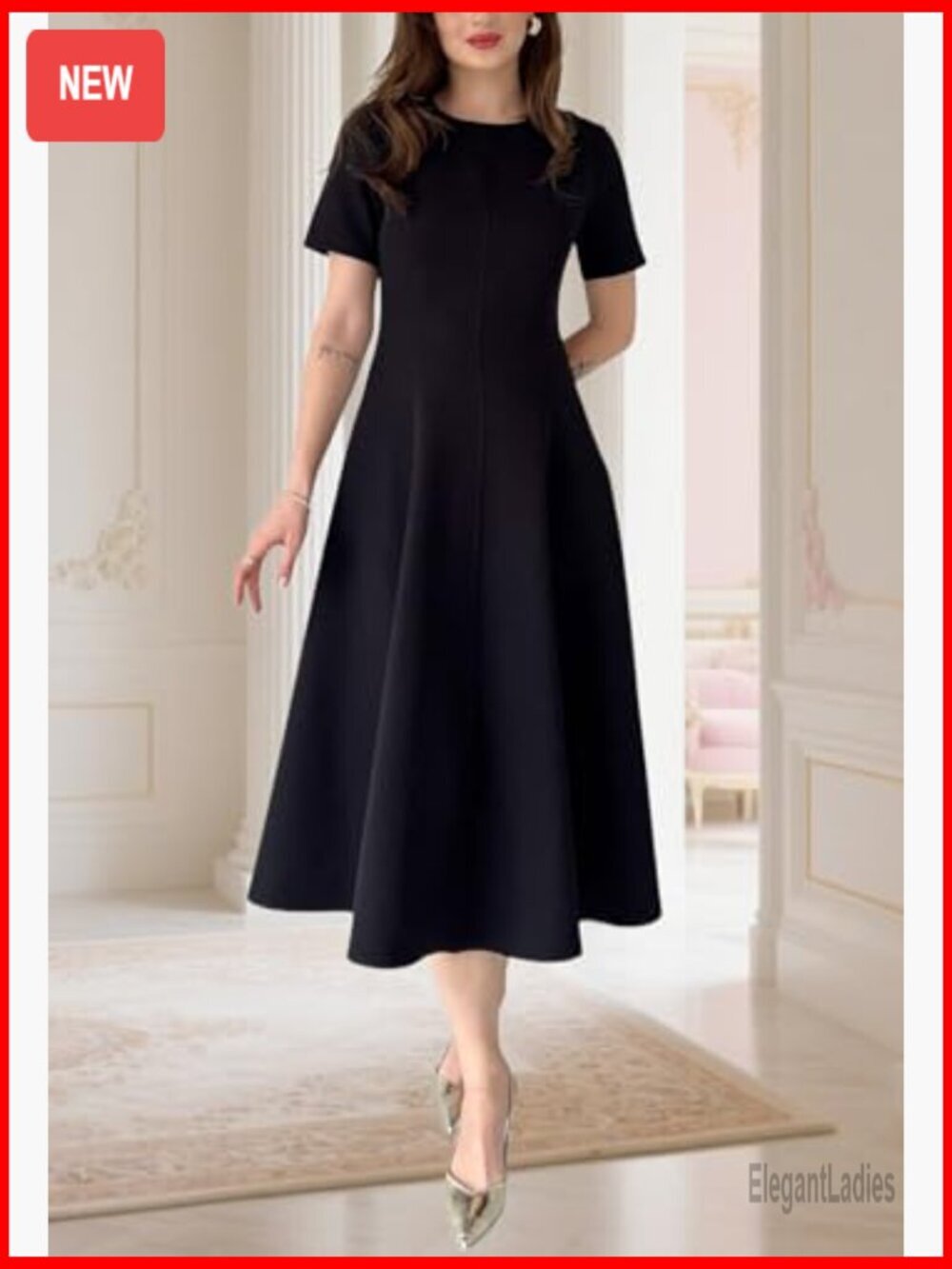 Women's Midi Dress Short Sleeve Fit & Flare A-Line Swing Dress - Picture 7 of 7